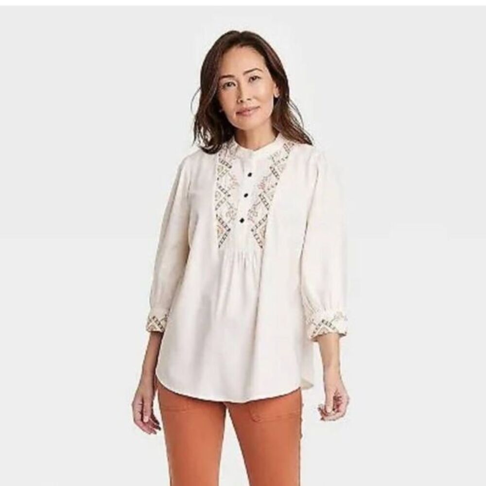 Knox Rose Embroidered Popover Top Womens Size‎ XS 3/4 Sleeves Boho
